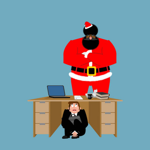 商人害怕愤怒的圣诞老人的桌子底下。吓坏了