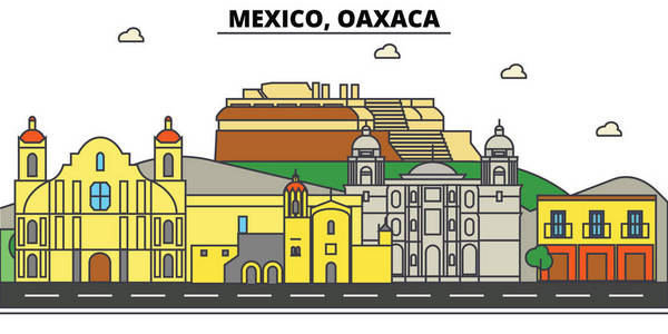 墨西哥瓦哈卡州。城市天际线 建筑 建筑 街道 剪影 景观 全景 地标 图标。可编辑的笔画。平面设计线矢量图的概念
