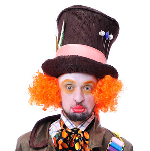 疯帽匠的不同的面部表情.微笑和鬼混在各种戏剧角色动画师的特写肖像.