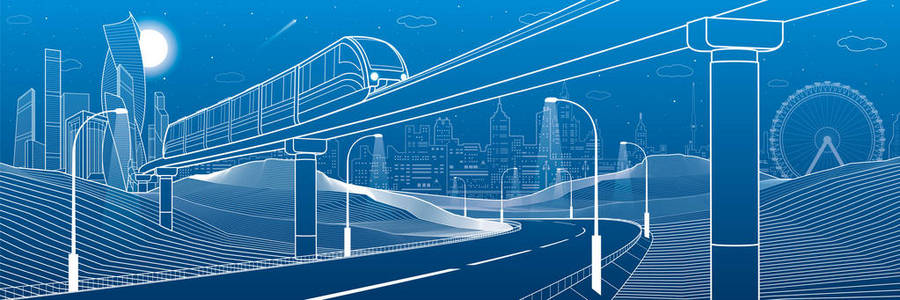 单轨吊车在山。照明的公路。运输的插图。塔和摩天大楼，现代化的城市，商业建筑。夜景。在蓝色背景上的白色线条。矢量设计艺术
