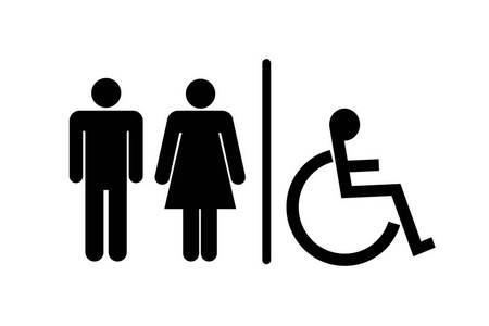 厕所矢量图标。 风格是平圆形WC符号黑色圆角白色背景。 洗手间插图包括女士和绅士人物和残疾人。