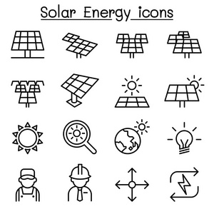 太阳能工业图标集在细线样式