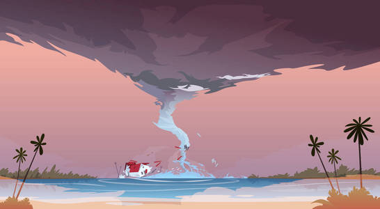 从海洋海滩景观的风暴出现的水龙卷费尔托斯特自然灾害概念的海上飓风龙卷风传入