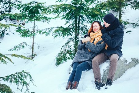 微笑对夫妇一起在白雪皑皑的树林里散步