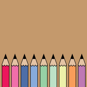 铅笔矢量图标在许多颜色红色，粉红色，紫色，绿色，橙色，蓝色在孤立的棕色背景。 复制文本空间。 插图
