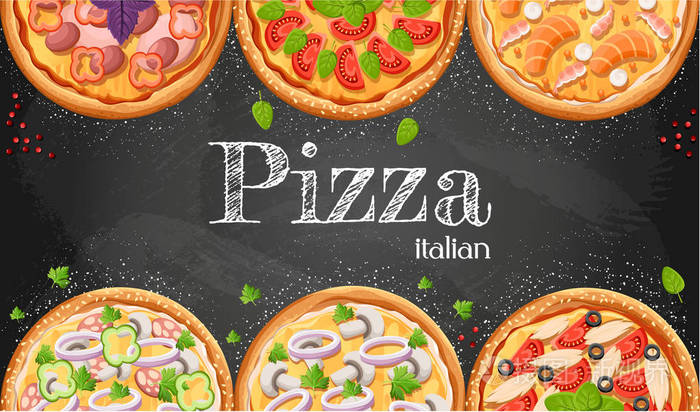 披萨菜单黑板卡通背景与新鲜成分矢量插图披萨传单矢量背景