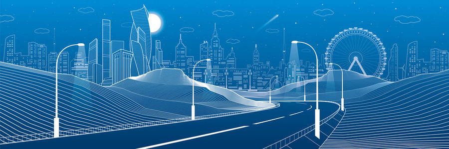 在山中的照明的公路。基础设施的插图。在背景 塔和摩天大楼 商业建筑 摩天轮的现代城市。夜景。白线。矢量设计艺术
