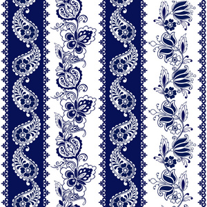 组花边波西米亚无缝边框.带蓝色花纹图案的条纹.花卉图案的壁纸.