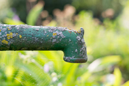 一个锈迹斑斑的老花园水泵在花园里不正常