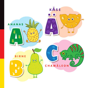 德语字母表。菠萝, 奶酪, 梨, 变色龙矢量字母和字符