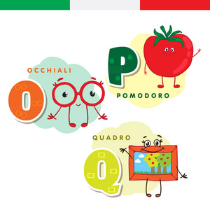 意大利的字母表。眼镜 番茄 图片。矢量字母和字符