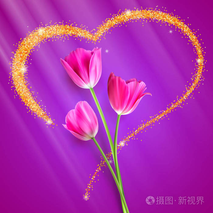 花的郁金香特写的大心与黄金的背景幕布上闪闪发亮的灰尘.浪漫的象征.