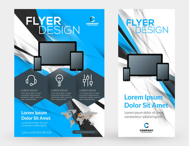 抽象矢量业务宣传册封面或横幅设计模板。业务传单和海报与抽象的蓝色和黑色背景