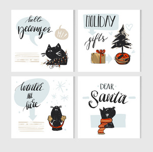 手工制作矢量抽象圣诞贺卡与可爱的圣诞黑猫角色，在冬季服装和现代圣诞节书法阶段设置隔离在白色背景上。新的一年到 2018 年