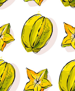 手绘制的矢量抽象不寻常无缝模式 — — 奇异的热带水果杨桃孤立在