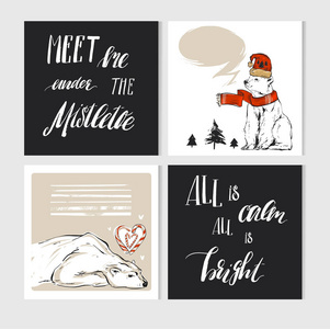 手工制作矢量抽象圣诞贺卡与冬季服装和现代书法中的可爱圣诞北极熊字符设置。问候季节性的剪贴簿，贴纸，日记