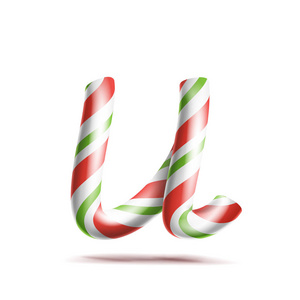 字母 U 向量。在圣诞节的颜色的 3d 现实糖果手杖字母符号。贺年信纹理以红 白色。排版模板。条纹的工艺隔离的对象。圣诞艺术插
