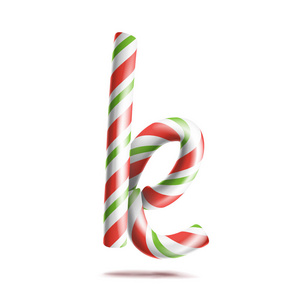 字母 K 向量。在圣诞节的颜色的 3d 现实糖果手杖字母符号。贺年信纹理以红 白色。排版模板。条纹的工艺隔离的对象。圣诞艺术插