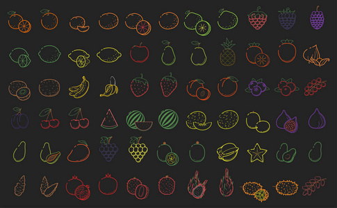 轮廓颜色的线性网络图标集水果，浆果薄大胆林