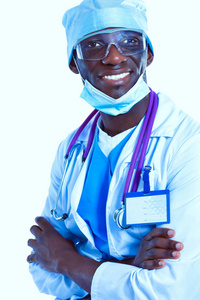 医生戴口罩及制服的画像。白色背景上的孤立。医生