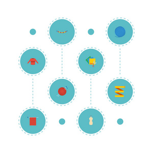 平面图标刺绣 首饰 套衫和其他向量元素。手工制作平面图标符号集还包括假人，色彩艳丽，钩针对象