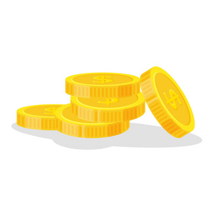 集的硬币叠加矢量图，图标平金融堆，美元硬币堆。站在白色背景平面样式上分离的层层叠叠 金掉的金色钱