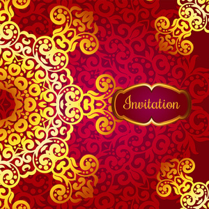 丰富的黄金请柬的印度风格。与曼荼罗的波希米亚卡。皇家的红色和金色的装饰。唯一的模板设计或背景