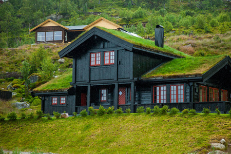 传统的挪威木屋里站在草坪和山在背景上。典型的挪威的房子。典型的挪威房子的房顶上的草