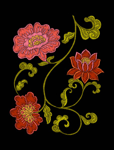 刺绣。用花和树叶绣花的设计元素