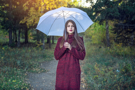 快乐的年轻女子在阳光明媚的公园里散步, 在雨中带着一把白色的雨伞。季节和秋天心情的概念