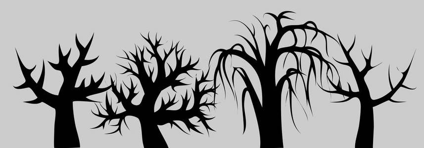 在灰色背景的框架下, 弯曲的落叶树的黑色剪影。素描, 简约主义