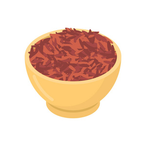 在孤立的木碗的红米饭。在木盘子里的去壳。粮食