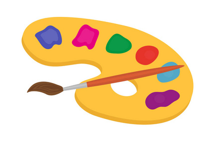 颜料和画笔绘制图标,地势平坦,卡通风格的调色板.白色背景上的孤立.