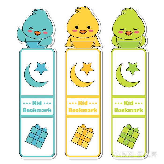与可爱的五彩小鸡, 星星, 月亮和盒礼品适合孩子书签标签设计矢量卡通