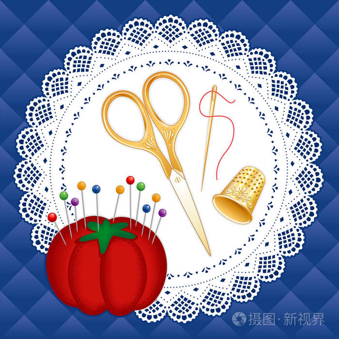 古董金刻剪刀, 顶针, 针, 线程, 枕形失真,花边桌巾绗缝背景插画