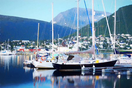 船和小船在挪威港口背景图片