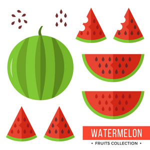 整个的西瓜和零件,切片,种子.组的水果.平面设计图形元素.矢量图照片