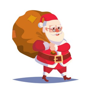 圣诞老人背着大袋礼物矢量。在红色西装的经典圣诞老人。很好的传单 卡片 海报 装饰 广告设计。平可爱的卡通插图
