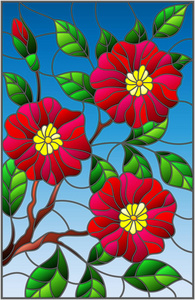 彩色玻璃绘画风格与蓝底白字，勃艮第的花，开花植物的一个分支中的插图的芽和叶在天空的映衬