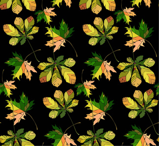 美丽精彩生动明亮草药秋季绿色板栗树叶和栗子花纹黑色背景矢量。完美的纺织 壁纸 包装纸 贺卡