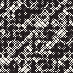 现代半色调纹理。无休止的抽象背景与随机大小正方形。矢量无缝混沌方块马赛克拼图