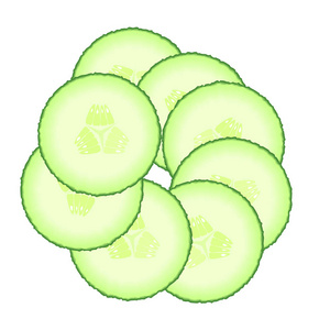 绿色黄瓜片集。蔬菜孤立在白色背景上的插图。饮食健康的有机食品。配料沙拉。切碎的食物的烹饪。产品从花园里