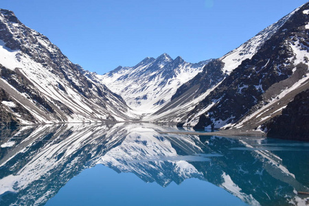 山雪与智利圣地亚哥的咸水湖的景观