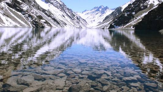 山雪与智利圣地亚哥的咸水湖的景观