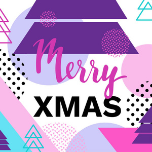 快乐圣诞几何贺卡在孟菲斯 90 年代时尚与三角形，线，刻字 雪花 党背景或邀请模板，横幅，封面，矢量图