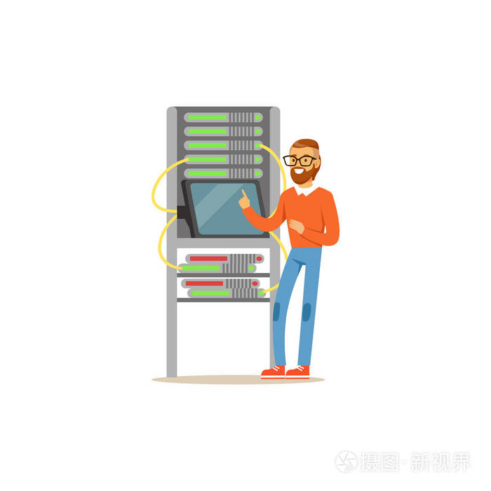 在使用平板电脑的数据中心工作的网络工程师管理员连接到服务器机架