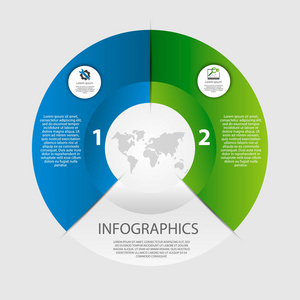 圆形图表 2 步骤，细分为年度报告 图表 演示文稿 工作流布局 横幅 数字选项，加紧选项，web 设计与符号和文本的空