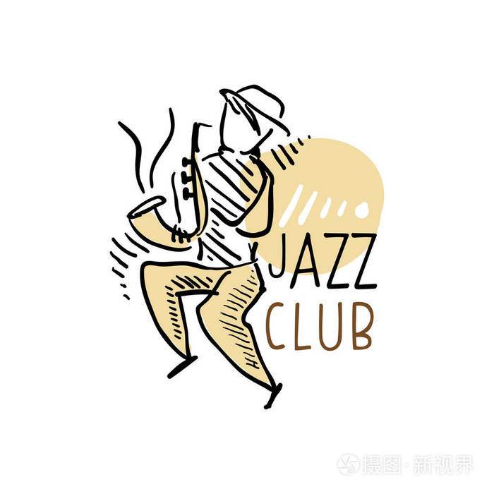 爵士乐俱乐部徽标,老式音乐标签与萨克斯演奏家,元素为传单, 卡片