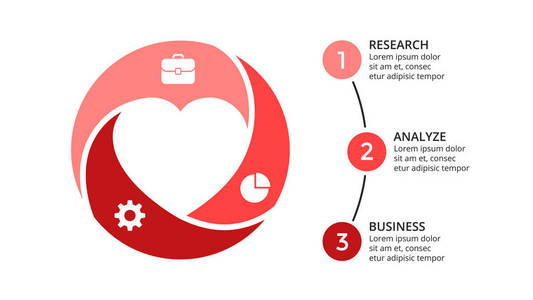 矢量圆圈箭头图 循环图 几何图 演示文稿图表。经营理念与 3 选项 配件 步骤 流程。16 x 9 幻灯片模板