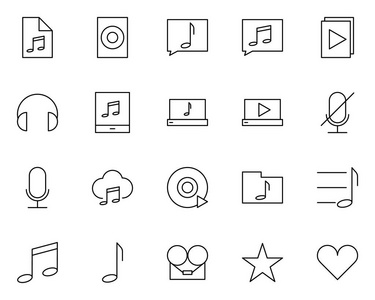 音乐音频细线图标集。矢量象形图
